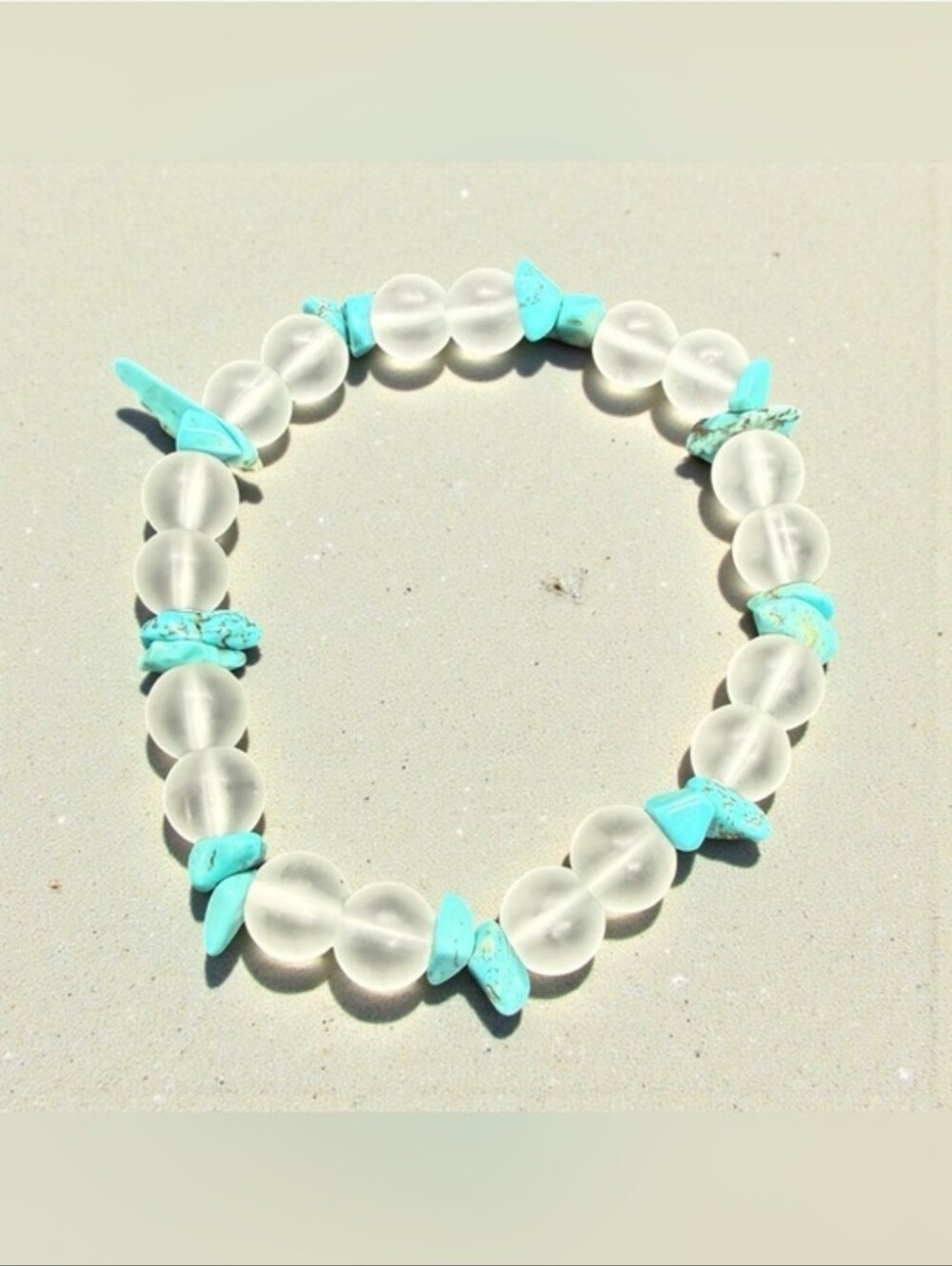 Turquoise Chip Accent & Frosted Sea Glass Bead Stretch Bracelet - New in box